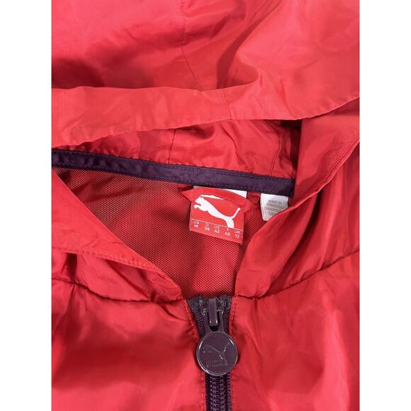 Women's Puma Red Windbreaker Jacket Sz M Hooded Red Full Zip Lightweight - Picture 3 of 9